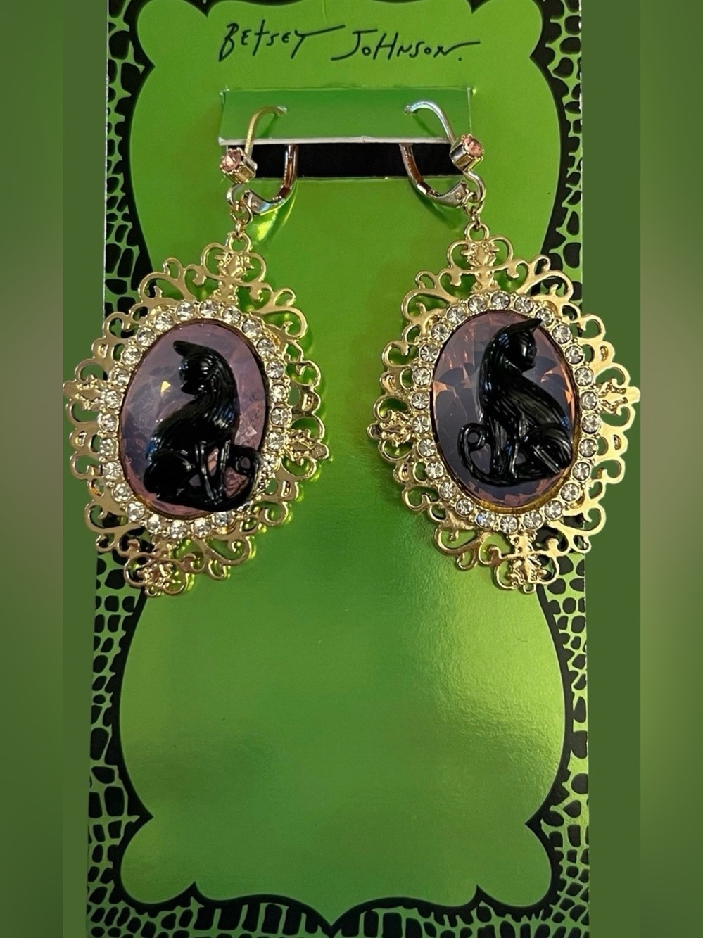 Betsey Johnson Earrings Halloween Black Cat Lever Back Cameo Drop Crystal Accent